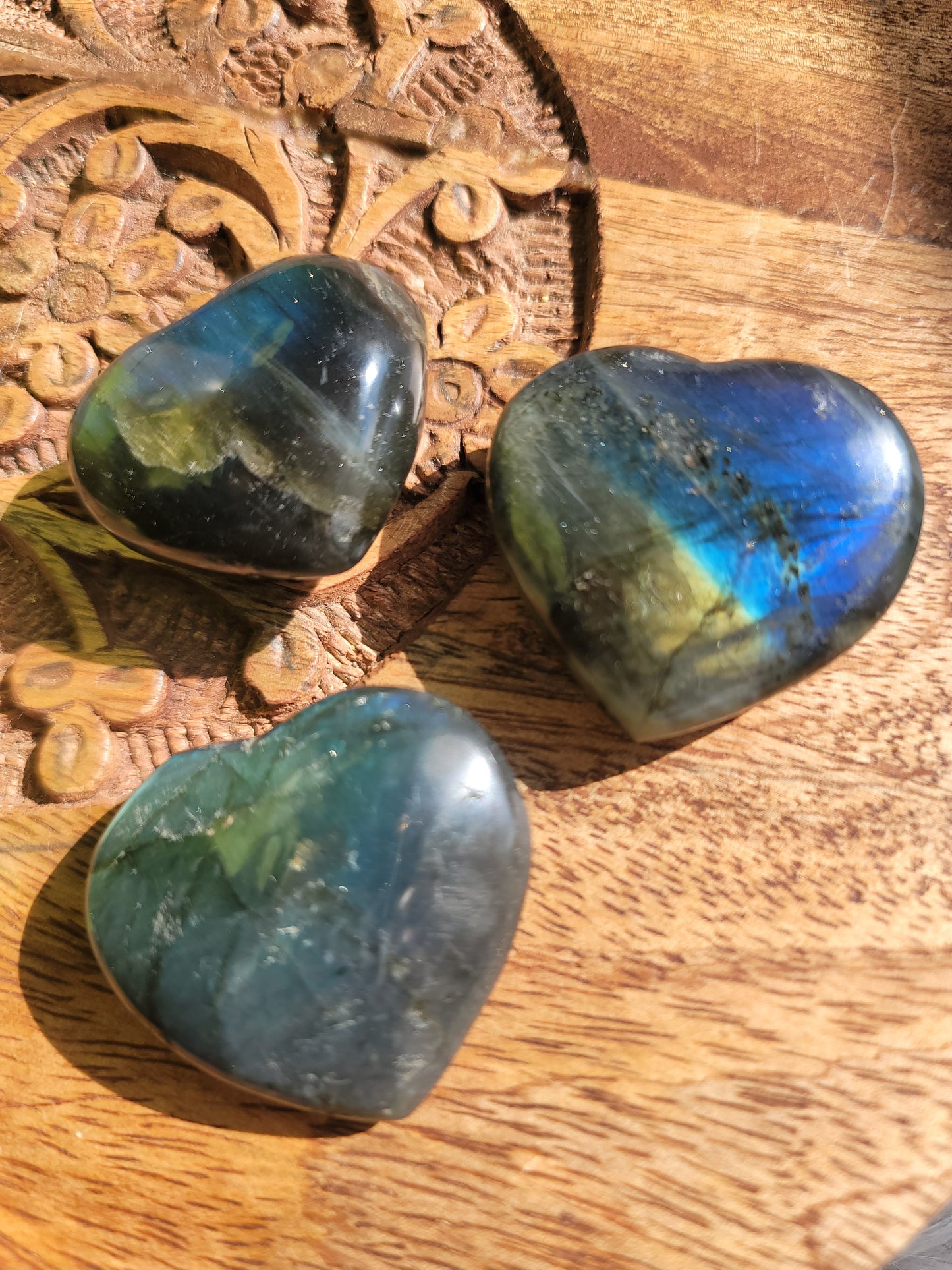 Puffy Labradorite Hearts: Mystical Radiance and Intuitive Insight