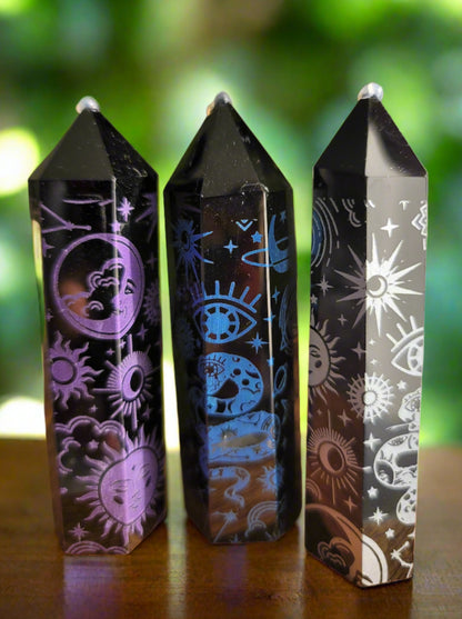 3 obisidian points with different color etching, purple blue and silver