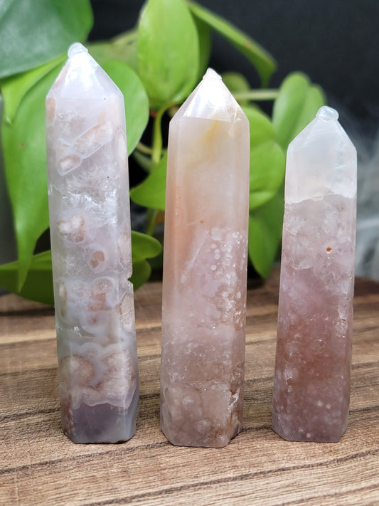 Pink Amethyst & Flower Agate Point with Druzy – High-Quality Healing Crystal