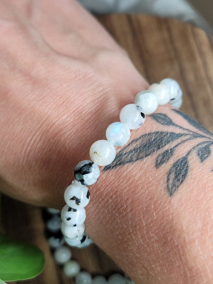 White and Black Moonstone 6mm Beaded Bracelet: Yin-Yang Harmony and Spiritual Balance