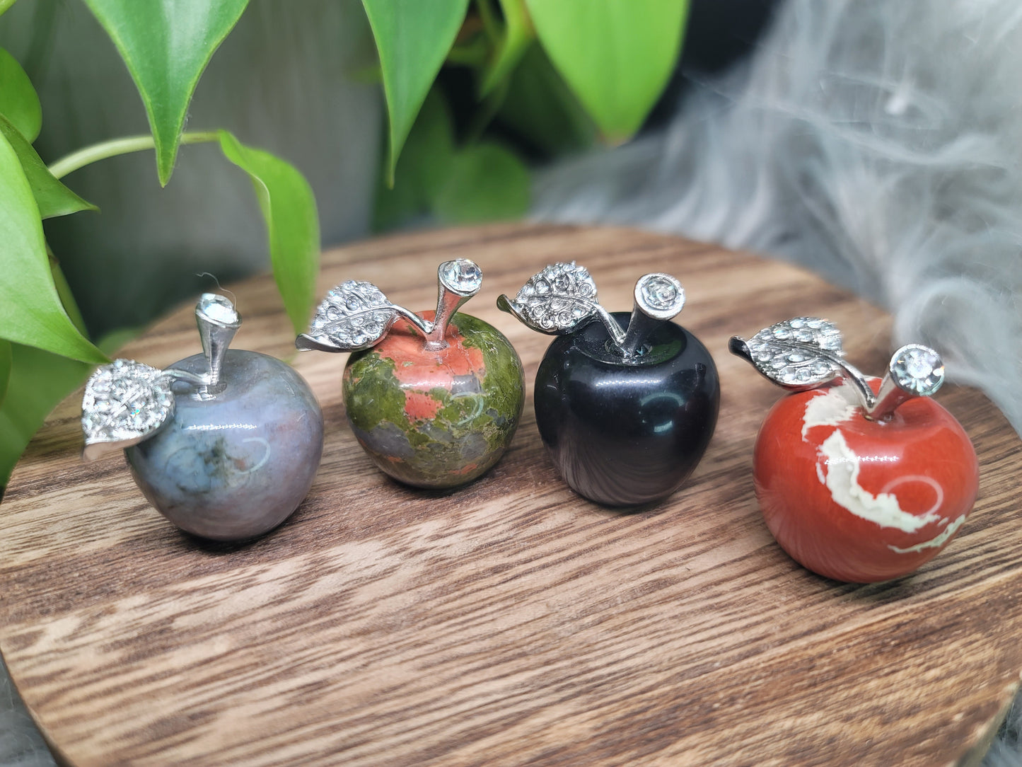 Medium Apple Crystal with Silver Jeweled Leaf: Symbol of Abundance and Wisdom