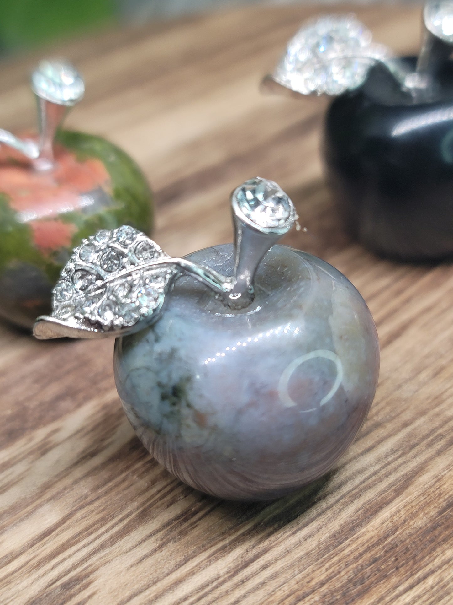 Medium Apple Crystal with Silver Jeweled Leaf: Symbol of Abundance and Wisdom
