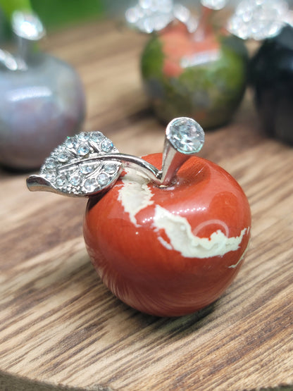 Medium Apple Crystal with Silver Jeweled Leaf: Symbol of Abundance and Wisdom