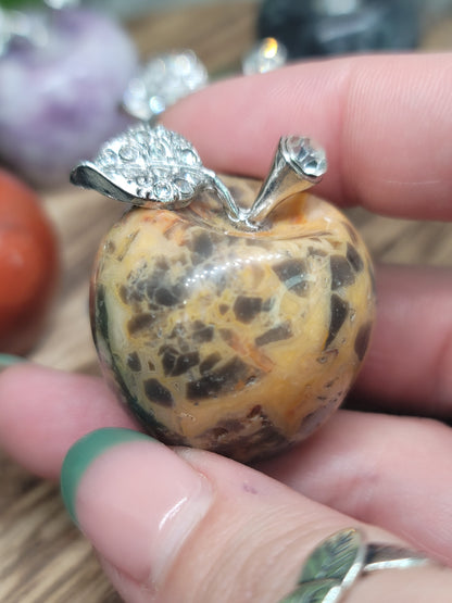 Large Apple Crystal with Silver Jeweled Leaf: Symbol of Abundance and Wisdom