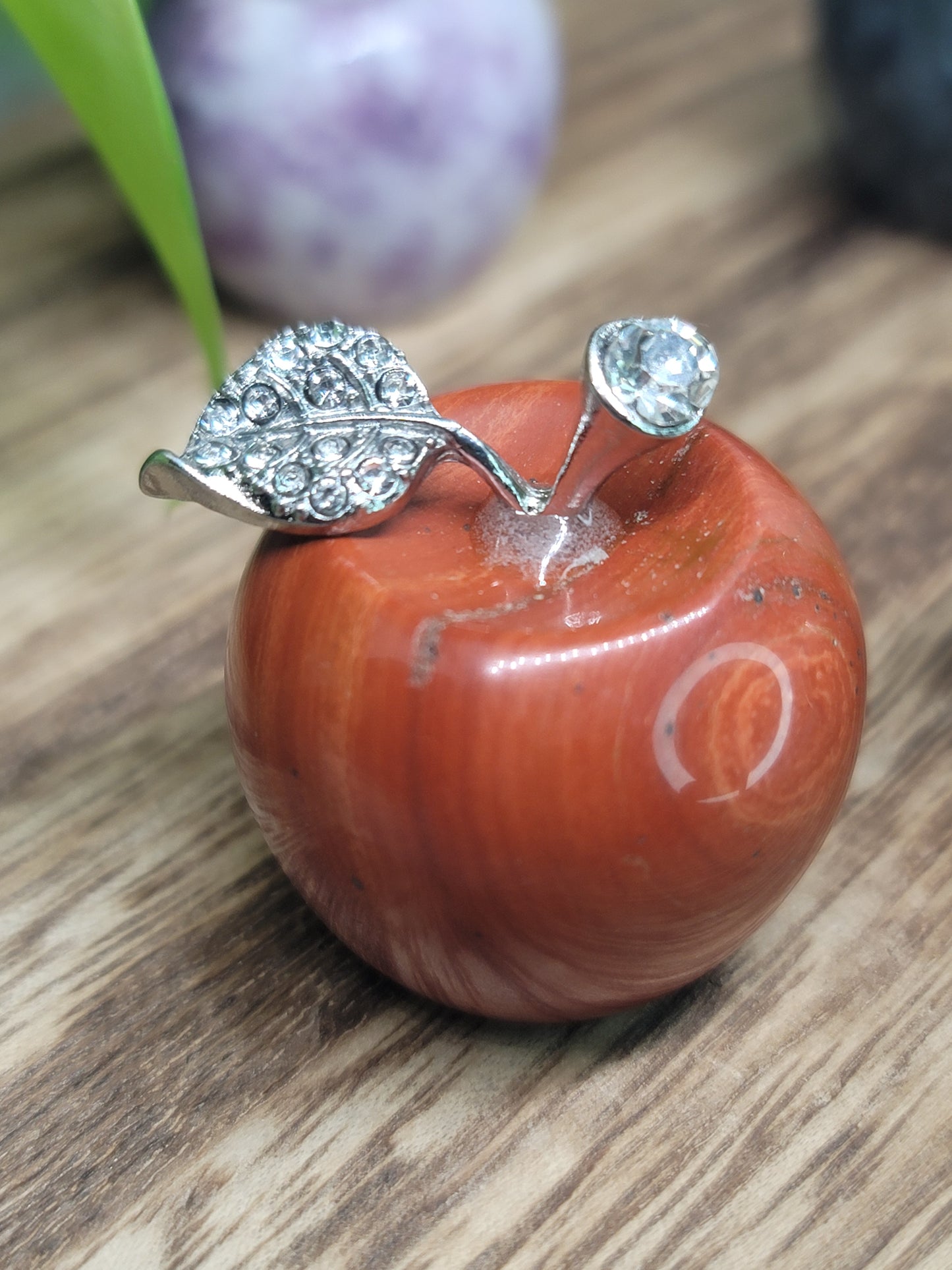 Large Apple Crystal with Silver Jeweled Leaf: Symbol of Abundance and Wisdom
