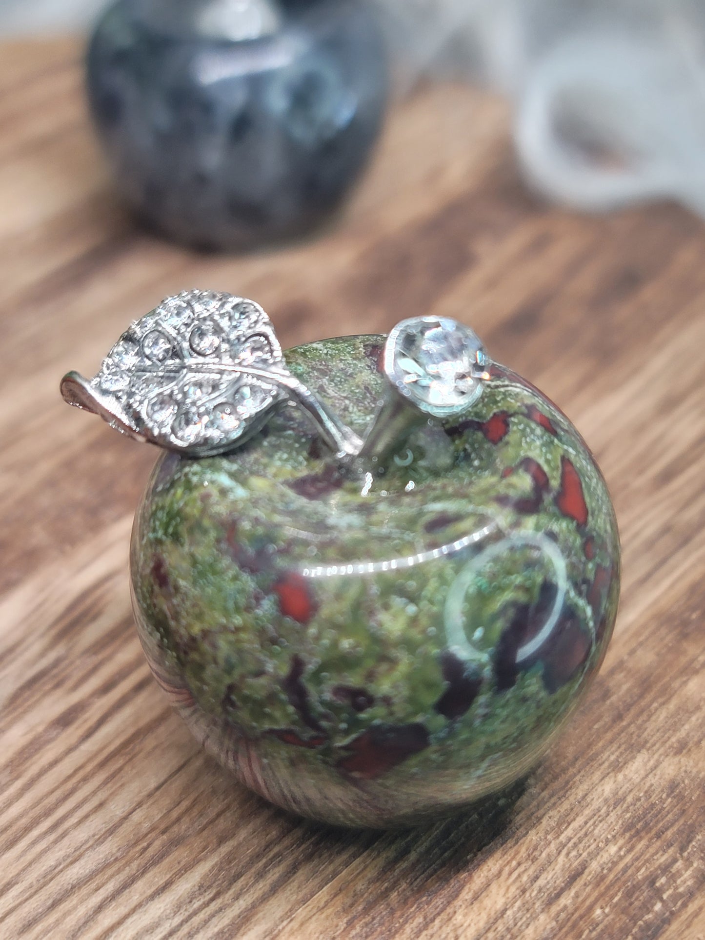 Large Apple Crystal with Silver Jeweled Leaf: Symbol of Abundance and Wisdom