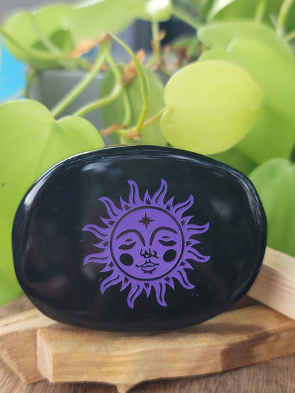 Obsidian Engraved Palmstone for Protection Grounding and Focused Meditation