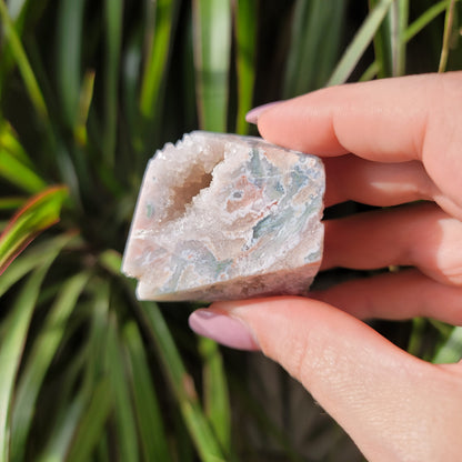 Pink Amethyst & Moss Agate Druzy Freeform – Healing & Spiritual Growth