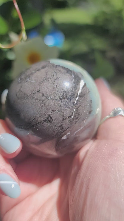 Blue Caribbean Calcite Sphere with Pyrite Inclusions for Calm Intuition and Manifestation