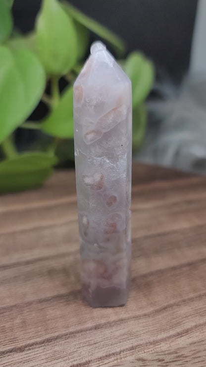Pink Amethyst & Flower Agate Point with Druzy – High-Quality Healing Crystal