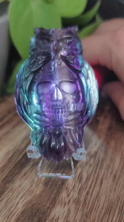 Fluorite Owl and Skull Carving: Guardian of Wisdom and Transformation