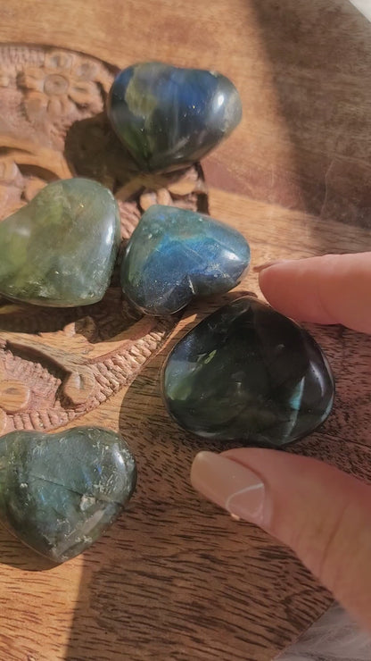 Puffy Labradorite Hearts: Mystical Radiance and Intuitive Insight