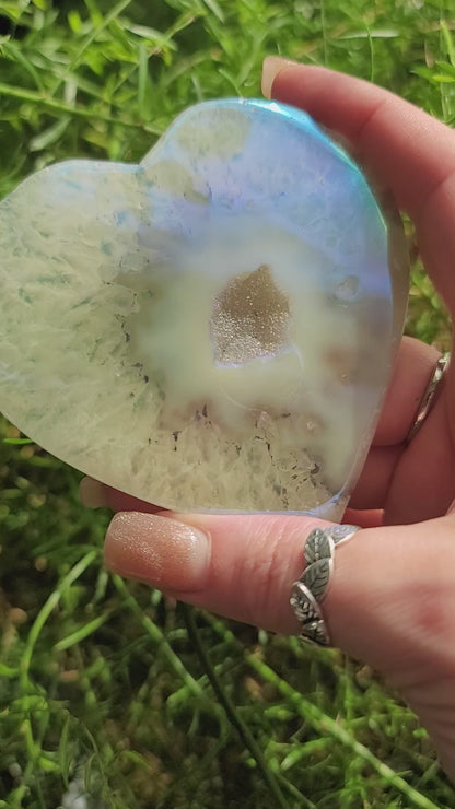Aura Druzy Agate Heart on Silver Stand – Fresh Energy, Radiance & Spiritual Glow