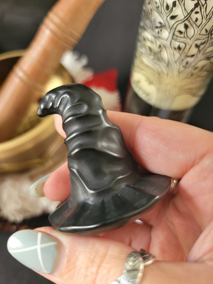 Obsidian Witch Hat Carving: Shadow Protection and Release